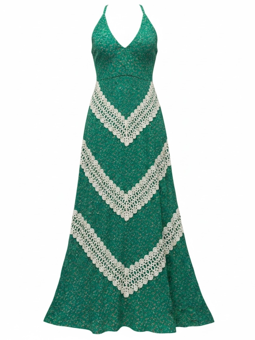 Judith March Green Halter Maxi Dress with Cream Crochet Chevron Boho Chic Beachy
